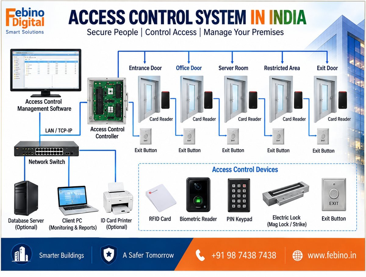 Febino Digital Access Control System topology in India — RFID / biometric readers, access controller, exit buttons and electric locks connected via LAN to management software