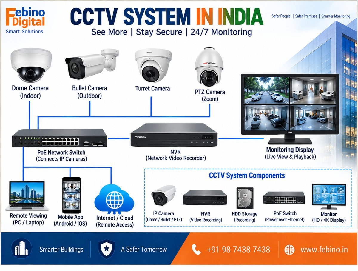 Febino Digital CCTV system topology in India — IP cameras connected via PoE switch to NVR with video analytics, video wall, mobile app and cloud storage