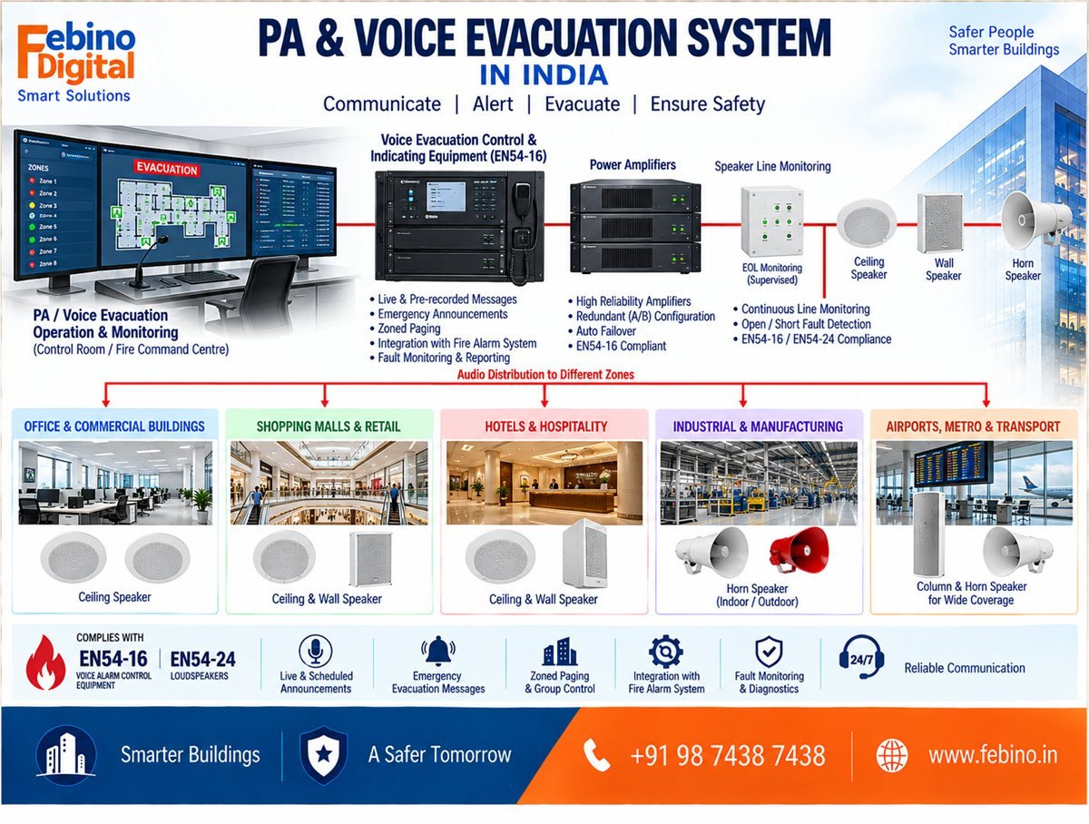 Febino Digital PA and Voice Evacuation system topology in India — input sources connected to a central EN54-16 controller that drives amplifiers, supervised zone speakers and fire alarm integration