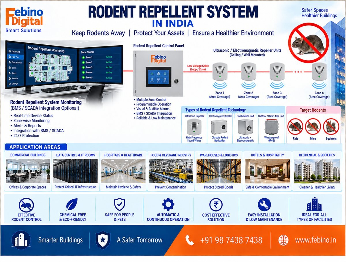 Febino Digital Rodent Repellent System topology in India — ultrasonic and electromagnetic repeller zones connected to a central frequency-sweep controller with BMS, log and mobile alert outputs