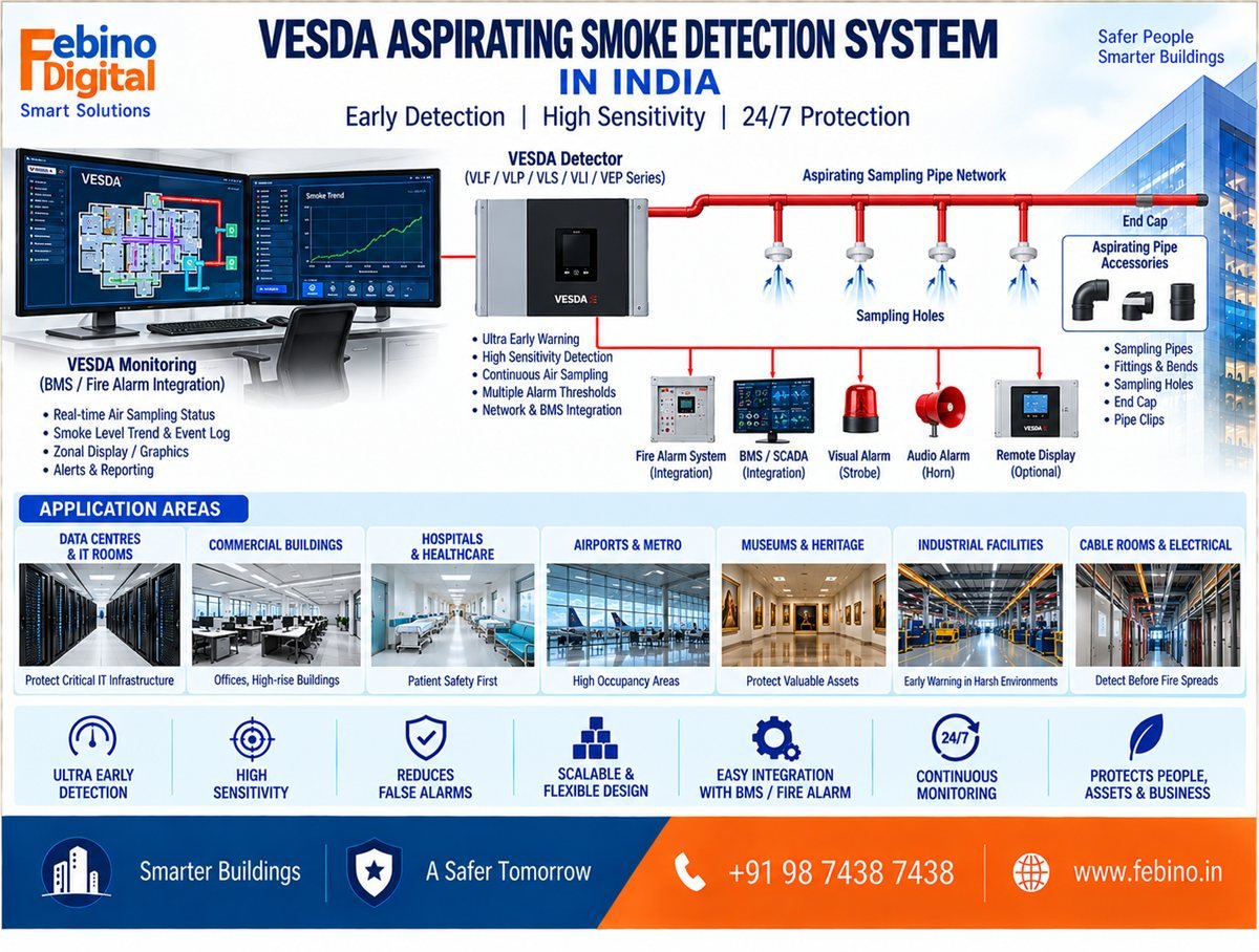 Febino Digital VESDA aspirating smoke detection system topology in India — pipe network draws air to a central detector that signals four progressive alarm thresholds to the fire alarm panel and BMS