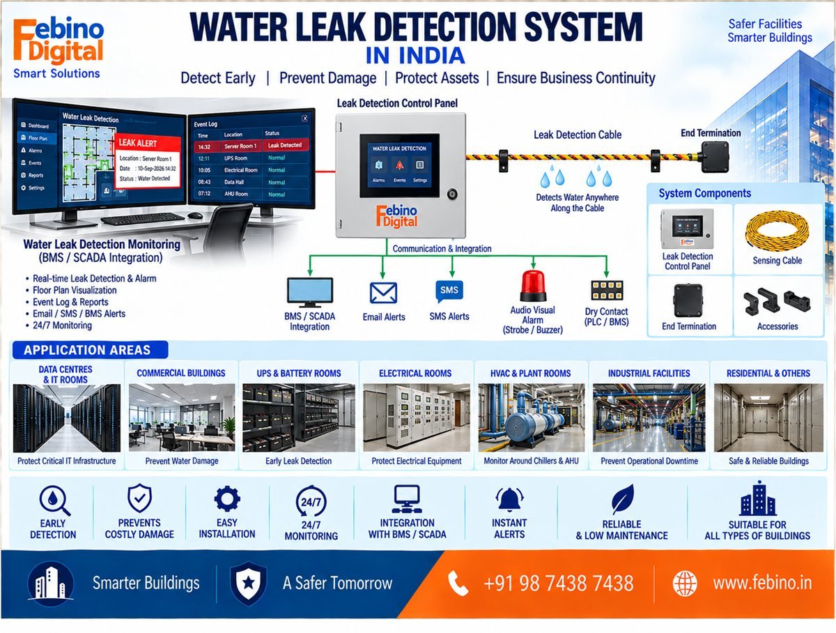 Febino Digital Water Leak Detection (WLD) system topology in India — sensing cables, spot probes and sump sensors connected to a locating controller with BMS, email, SMS and audio-visual alarm outputs