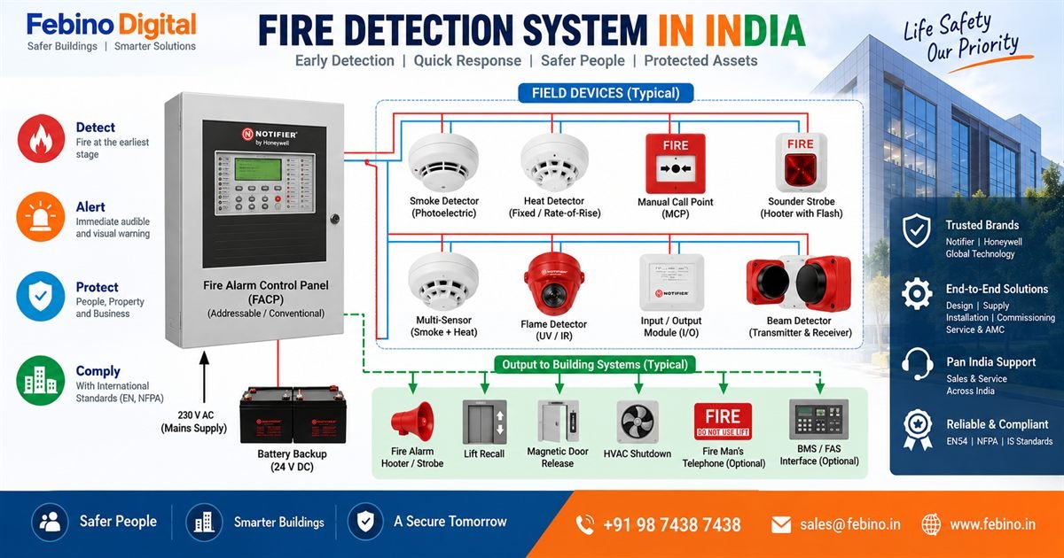 Fire Detection System topology — input detectors, FACP control panel and output devices, Febino Digital