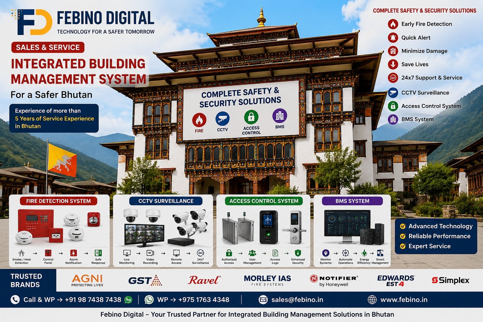 Traditional Bhutanese dzong architecture with hand-carved wooden windows and a golden door, at a site Febino Digital serves in Bhutan