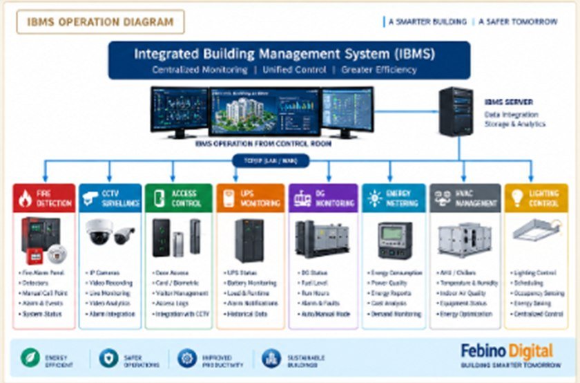 IBMS Operation Diagram — how Febino Digital's Integrated Building Management System links Fire, CCTV, Access Control, UPS, DG and Energy Metering